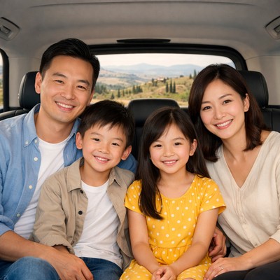 Chinese family traveling in a premium private transfer vehicle in Tuscany