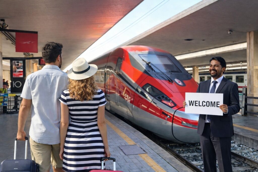 Florence Pisa Taxi chauffeur welcoming arriving passengers directly on the train platform at Florence Santa Maria Novella station.
