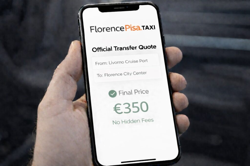 Smartphone screen showing a Florence Pisa Taxi all-inclusive fixed-price quote of 350€ for a luxury transfer from Livorno cruise port to Florence city center.