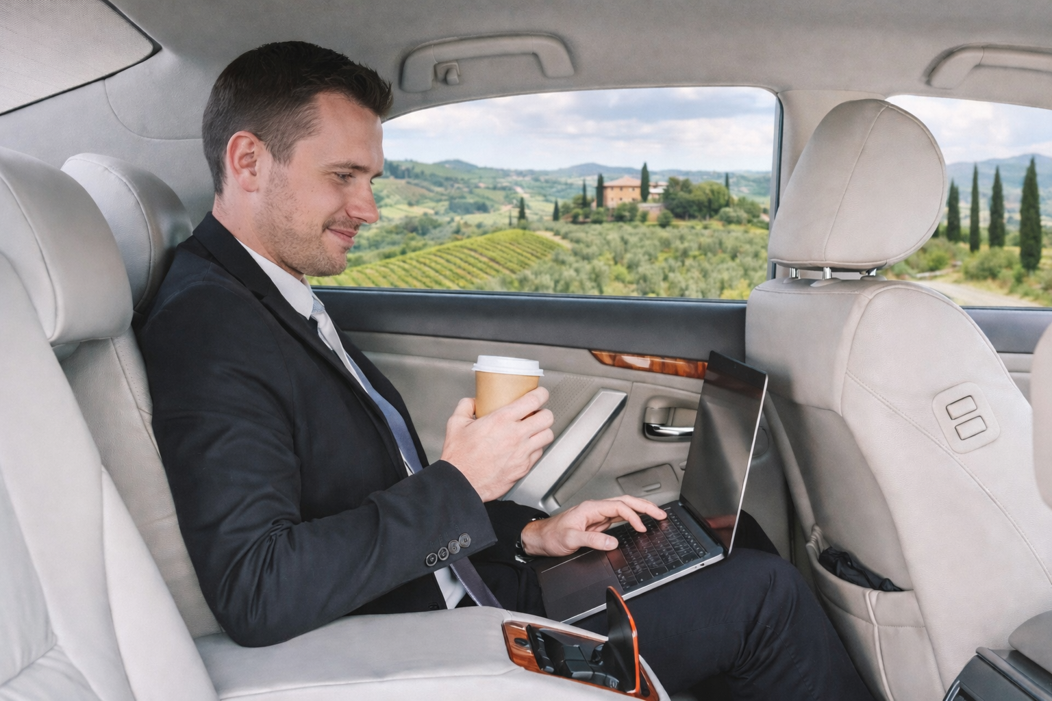 Business traveler working on a laptop during a private intercity transfer with a chauffeur.