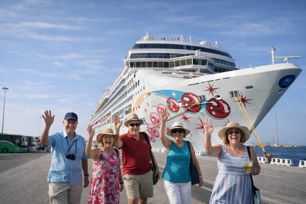 Cruise passengers greeting their private chauffeur at Livorno Cruise Port for a shore excursion in Tuscany