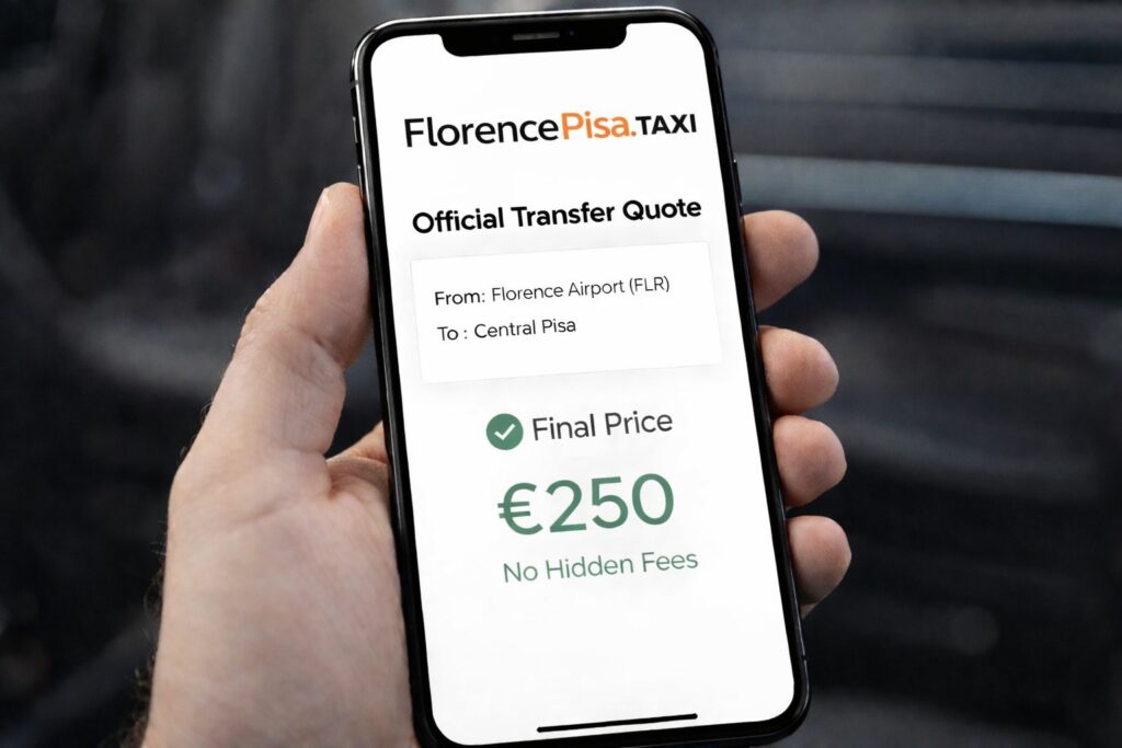 Smartphone screen showing a fixed-price taxi quote from Florence Airport to Pisa Central Station with "No Hidden Fees" for transparent booking