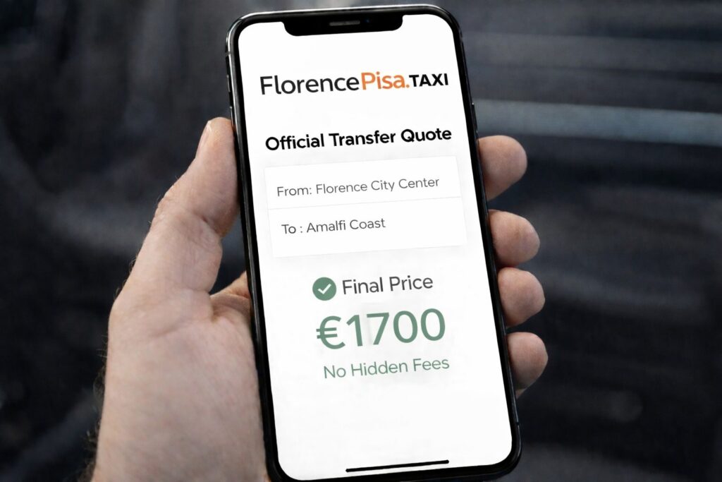 Smartphone screen showing a Florence Pisa Taxi instant quote: €1700 final price for a luxury transfer from Florence to the Amalfi Coast. No hidden fees, transparent pricing.