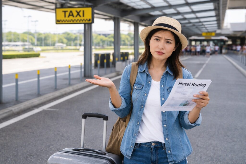 Frustrated female traveler at an empty taxi stand at Florence Airport, unable to find a ride.