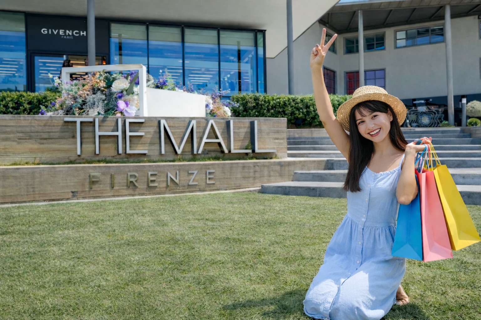 Girl kneeling on the grass in front of The Mall Florence entrance using the shopping roundtrip service by FlorencePisa.Taxi