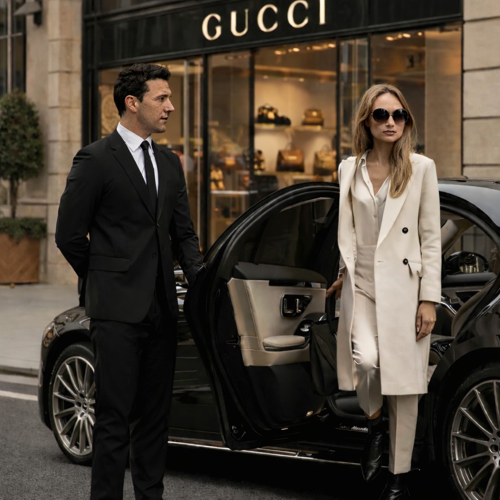 Woman assisted by chauffeur while exiting a luxury car, Gucci storefront in the background – premium transfer service Tuscany by FlorencePisa.Taxi