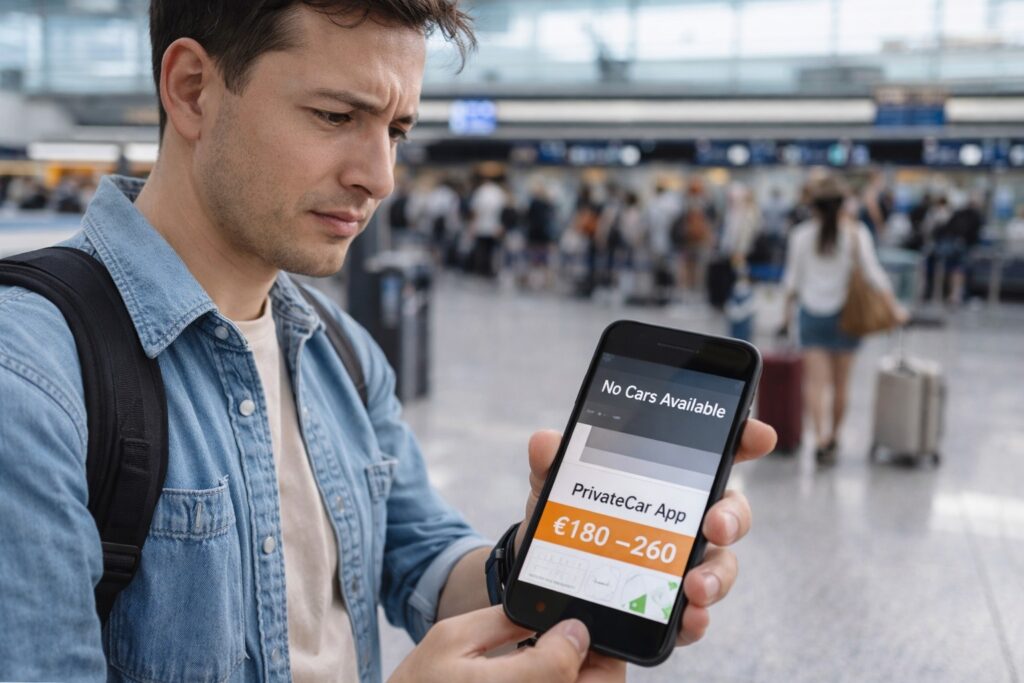 Young traveler at the airport checking a ride app showing “No Cars Available” and an overpriced fare of €180–260.