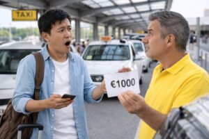 Taxi driver showing an overpriced €1000 fare to a confused international traveler at a Florence taxi stand.