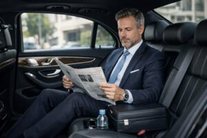 Elegant business client seated in the rear of a luxury sedan reading a newspaper during a private chauffeur transfer.