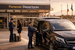 Luxury private transfer at Florence Airport with chauffeur and Mercedes V-Class van.