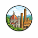 Round flat-style icon depicting Florence’s Cathedral and Bologna’s Two Towers, symbolizing the private intercity transfer route between Florence and Bologna.