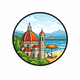 Round flat-style icon depicting Florence’s Cathedral and the beach of Forte dei Marmi, symbolizing the private transfer route between the city and the Versilia coast.