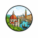 Round flat-style icon depicting Florence’s Cathedral and Venice’s Grand Canal with gondolas, symbolizing the private intercity transfer route between Florence and Venice.