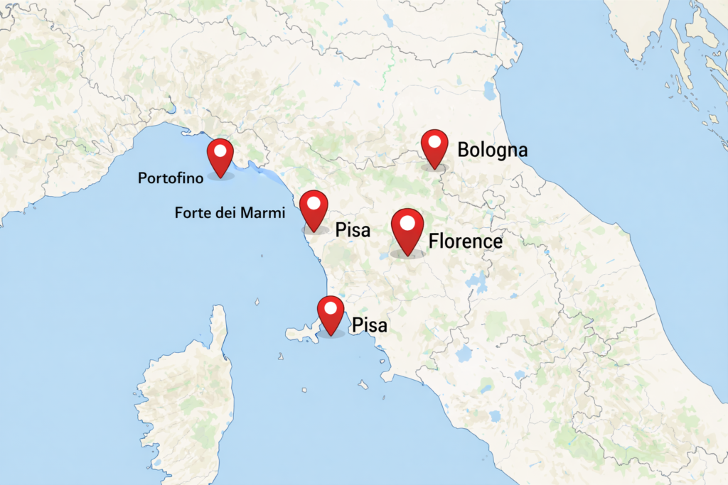 Stylized map of Central and Northern Italy showing the main service areas of FlorencePisa.Taxi, highlighted with red location pins on Florence, Pisa, Forte dei Marmi, Portofino and Bologna.