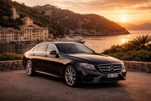 Mercedes E-Class luxury chauffeur service in Forte dei Marmi overlooking the Tuscan seaside