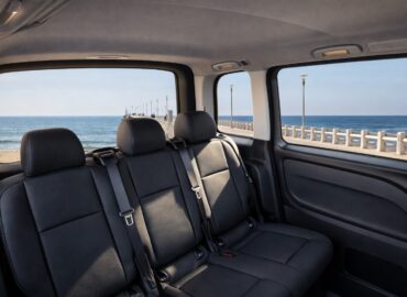 Mercedes Vito / V-Class taxi interior during Florence Airport to Forte dei Marmi transfer with pier background