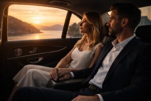 Elegant couple enjoying a luxury Mercedes E-Class private transfer along the Italian Riviera at sunset
