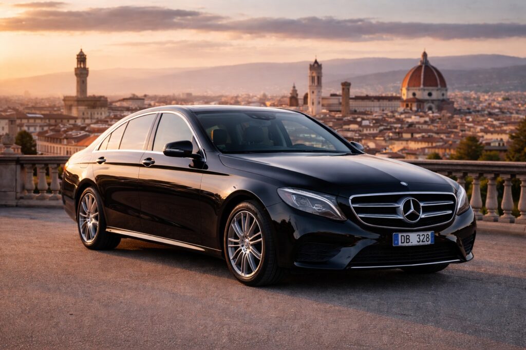 Mercedes E-Class luxury sedan exterior at Piazzale Michelangelo in Florence