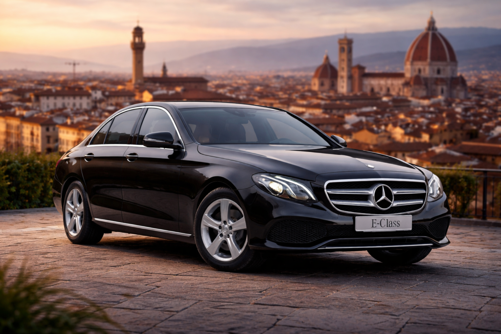Mercedes E-Class black sedan with panoramic Florence view at sunset