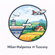 Round flat-style icon showing Milan Malpensa Airport and a Tuscan countryside landscape, representing the private transfer route between Milan Malpensa Airport and Tuscany.