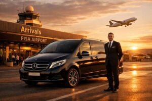 Black Mercedes V-Class luxury van at Pisa International Airport during golden hour, private chauffeur transfer service.