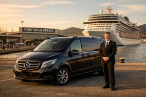 Luxury Mercedes V-Class van with chauffeur at the Port of La Spezia cruise terminal for private transfers.
