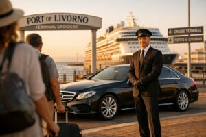 Chauffeur welcoming passengers at the Port of Livorno for private cruise transfer service.