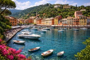 Scenic view of Portofino with colorful waterfront buildings, boats and the harbor, representing a luxury travel destination in Italy.