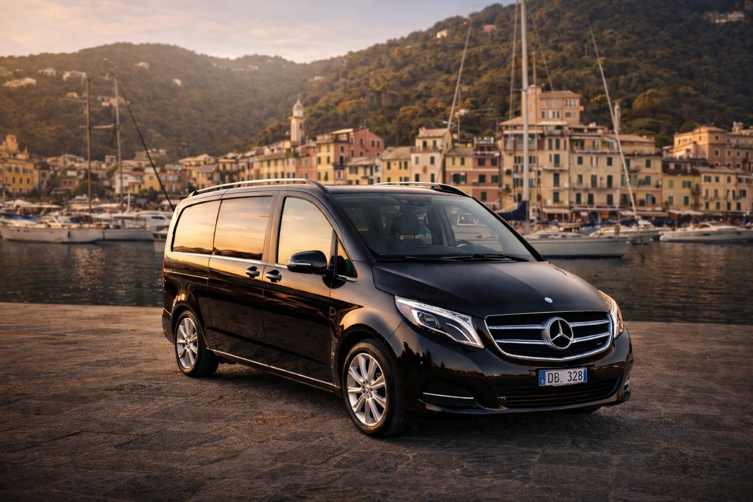 Luxury Mercedes V-Class chauffeur service in Portofino harbor at sunset – FlorencePisa.Taxi private transfer Italy