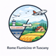 Round flat-style icon showing Leonardo da Vinci–Fiumicino Airport and a Tuscan countryside landscape, representing the private transfer route between Rome Fiumicino Airport and Tuscany.