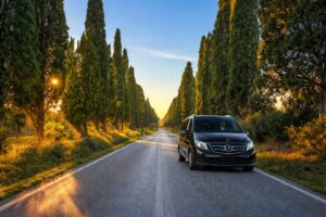 Luxury private tour in Tuscany – black Mercedes van driving along the iconic cypress road of Castagneto Carducci, private excursions with FlorencePisa.Taxi
