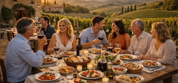 Outdoor lunch at Tuscan vineyard with rolling hills