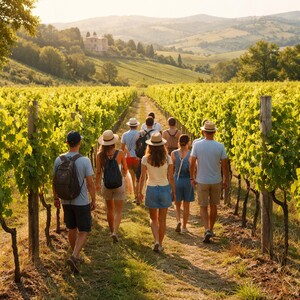Tourists walking through vineyard rows in Tuscany