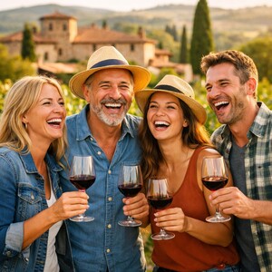Happy wine tourists in Tuscany