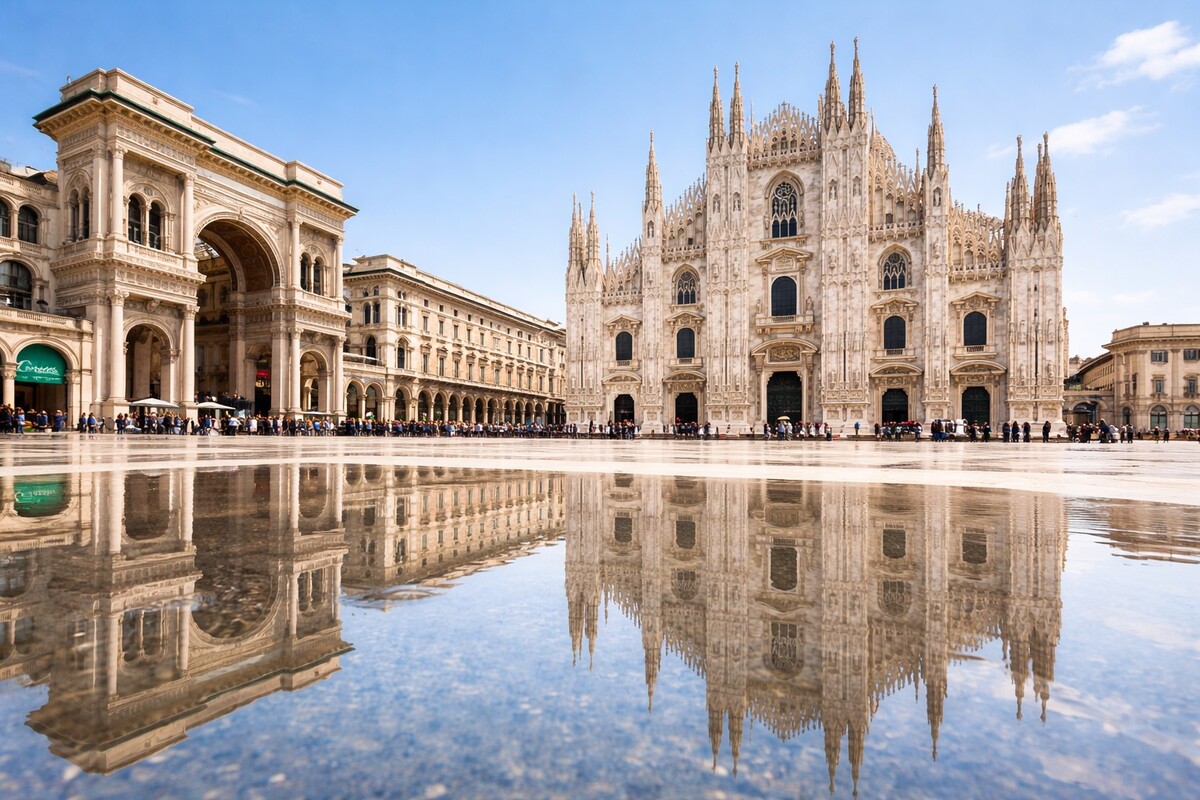 Spectacular view of Milan Duomo cathedral and bustling Piazza del Duomo with elegant Italian architecture under blue sky