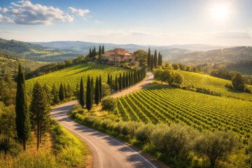 Chianti Tuscany landscape with vineyards and rolling hills on a sunny day – private transfer service to Siena and Chianti region