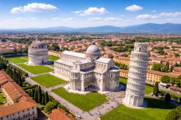 Pisa Leaning Tower and Piazza dei Miracoli aerial view on a sunny day – private airport transfer Tuscany